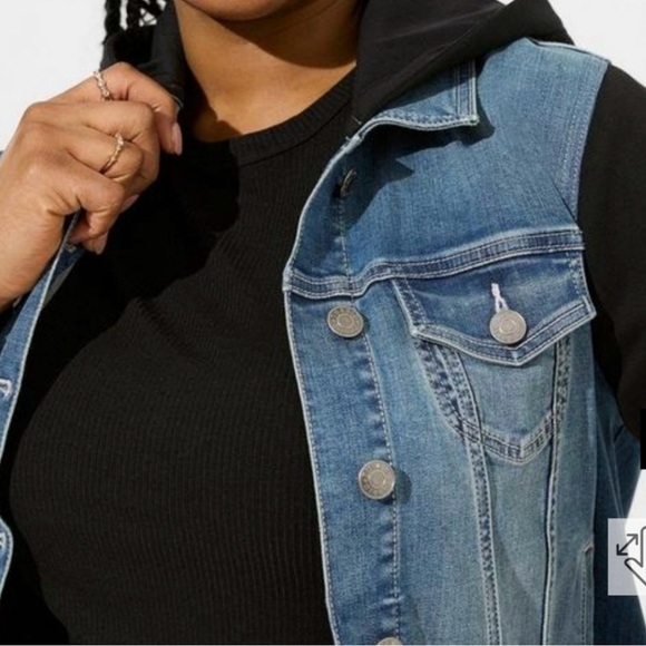 Denim Hooded Knit Sleeve Trucker - Picture 3 of 6